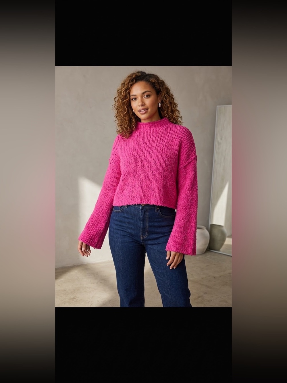 Anthropologie Cropped Mock Neck Knit Bell Sleeves Pink Sweater Size M